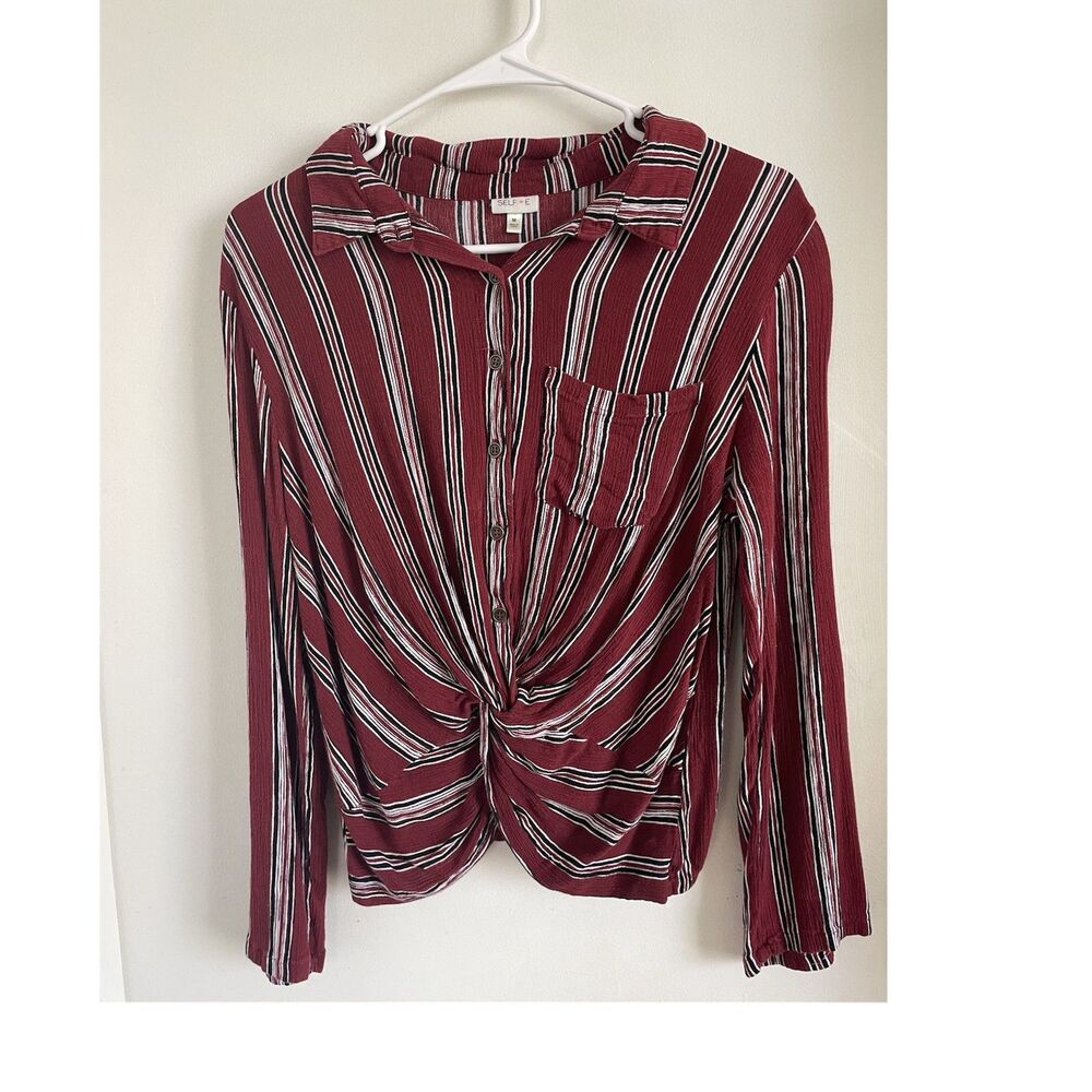 SELF E Women's Red Black White Striped Twist Front Collared Long Sleeve Blouse M